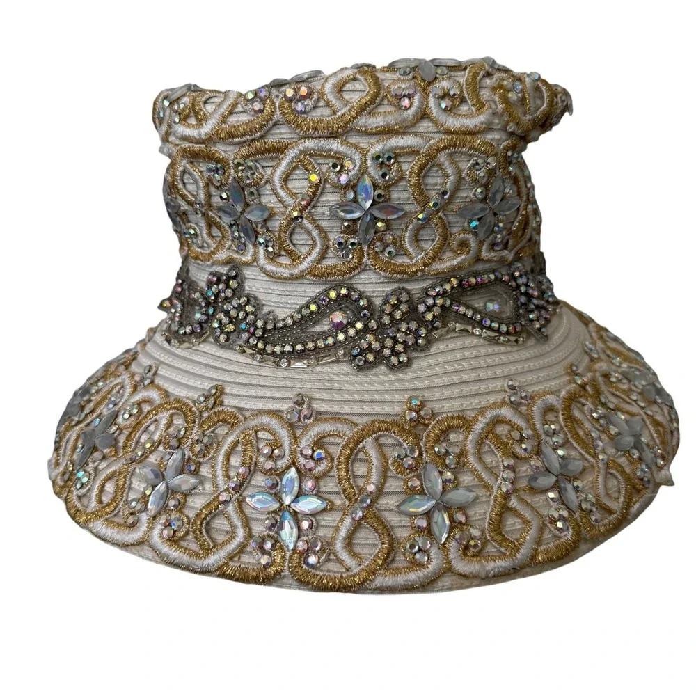 Vintage Shellie McDowell Heavily Embellished Gold Cream Lace Church Dress Hat